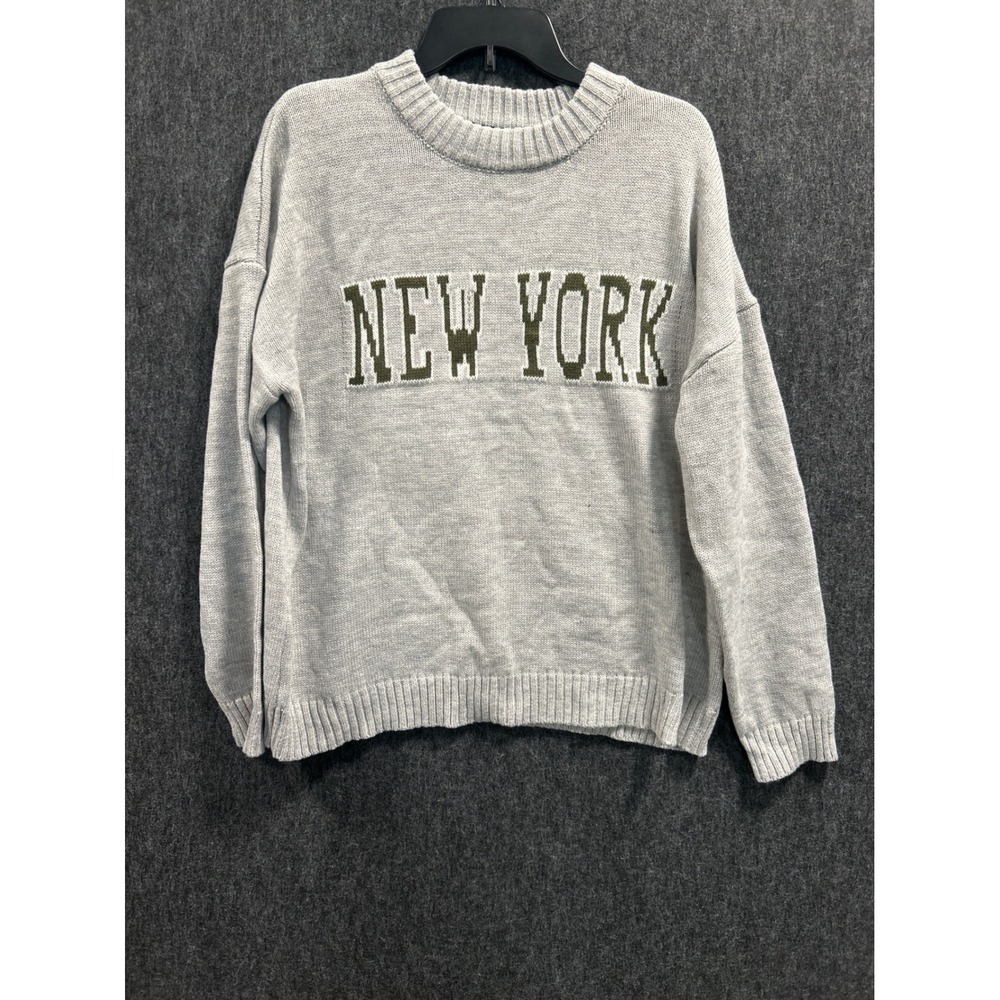Just Polly New York Graphic Sweater Womens XL Gray Crew Neck Relaxed Fall Winter